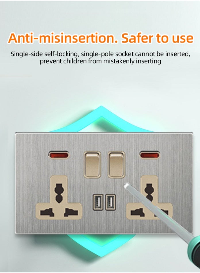 في ماكس مقبس حائط مزدوج متعدد الوظائف مع مفتاحين ومنفذين USB | تصميم معدني عصري | مقبس كهربائي آمن وعملي للمنازل والمكاتب والاستخدام التجاري - Image 5